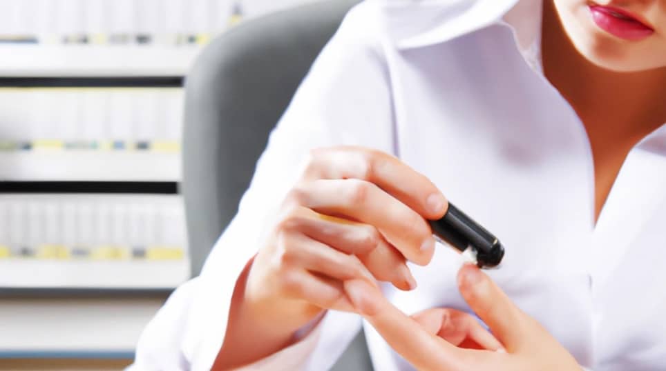 A woman in a professional outfit is testing her blood sugar levels with a glucometer. She is taking the necessary steps to manage her diabetes and ensure that she can stay healthy and active in the workplace. Diabetes affects over 30 million Americans, and it is important to know your rights in the workplace
